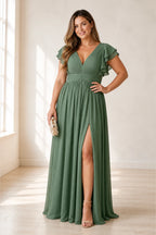 Graceprom sage green plus size bridesmaid dress, v neck flutter sleeve long chiffon gown with slit front view