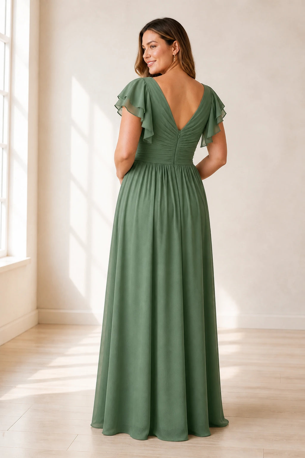 Graceprom plus size sage green bridesmaid dress, v back flutter sleeve chiffon formal gown back view