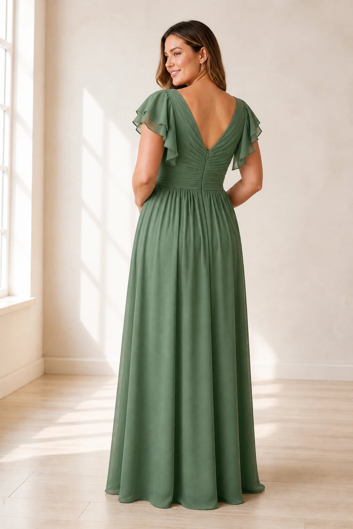 Graceprom plus size sage green bridesmaid dress, v back flutter sleeve chiffon formal gown back view