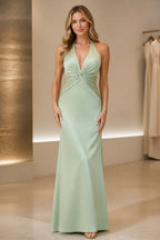Graceprom sage green satin mermaid bridesmaid dress with halter deep V neck and twisted knot waist detail
