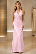 Satin Mermaid Halter Deep V Sleeveless Tie-Back Long Bridesmaid Dress