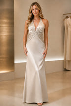 Satin Mermaid Halter Deep V Sleeveless Tie-Back Long Bridesmaid Dress