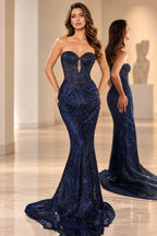 Strapless Beaded Corset Sweetheart Mermaid Long Prom Dress