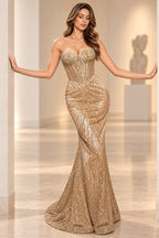 Strapless Beaded Corset Sweetheart Mermaid Long Prom Dress