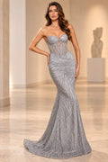 Front view of Graceprom silver strapless mermaid prom dress, sweetheart neckline, geometric beaded sheer corset bodice and sweeping train