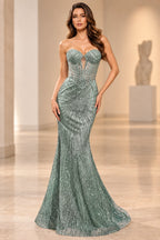 Strapless Beaded Corset Sweetheart Mermaid Long Prom Dress