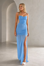graceprom sky blue bodycon prom dress front view, ruched mesh bodice, sweetheart neckline, thin spaghetti straps, high side slit