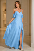 Sky blue A-line bridesmaid dress with V-neck, cold-shoulder sleeves and side slit by GraceProm