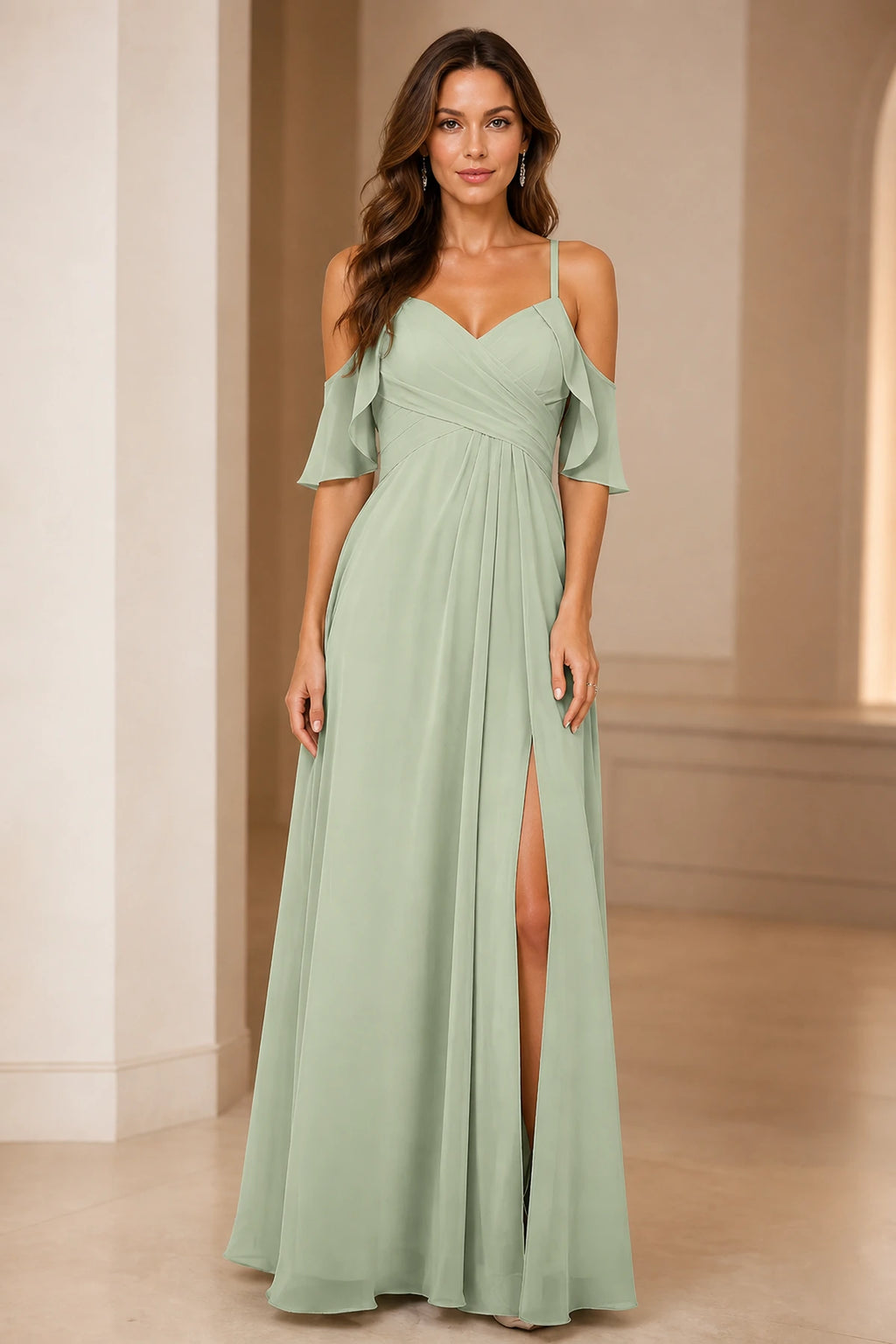 Romantic A-Line V-Neck Cold-Shoulder Flutter-Sleeve Keyhole-Back Floor-Length Bridesmaid Dress