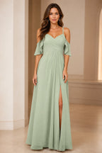 Romantic A-Line V-Neck Cold-Shoulder Flutter-Sleeve Keyhole-Back Floor-Length Bridesmaid Dress