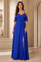 Romantic A-Line V-Neck Cold-Shoulder Flutter-Sleeve Keyhole-Back Floor-Length Bridesmaid Dress