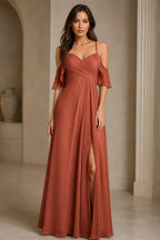 Romantic A-Line V-Neck Cold-Shoulder Flutter-Sleeve Keyhole-Back Floor-Length Bridesmaid Dress