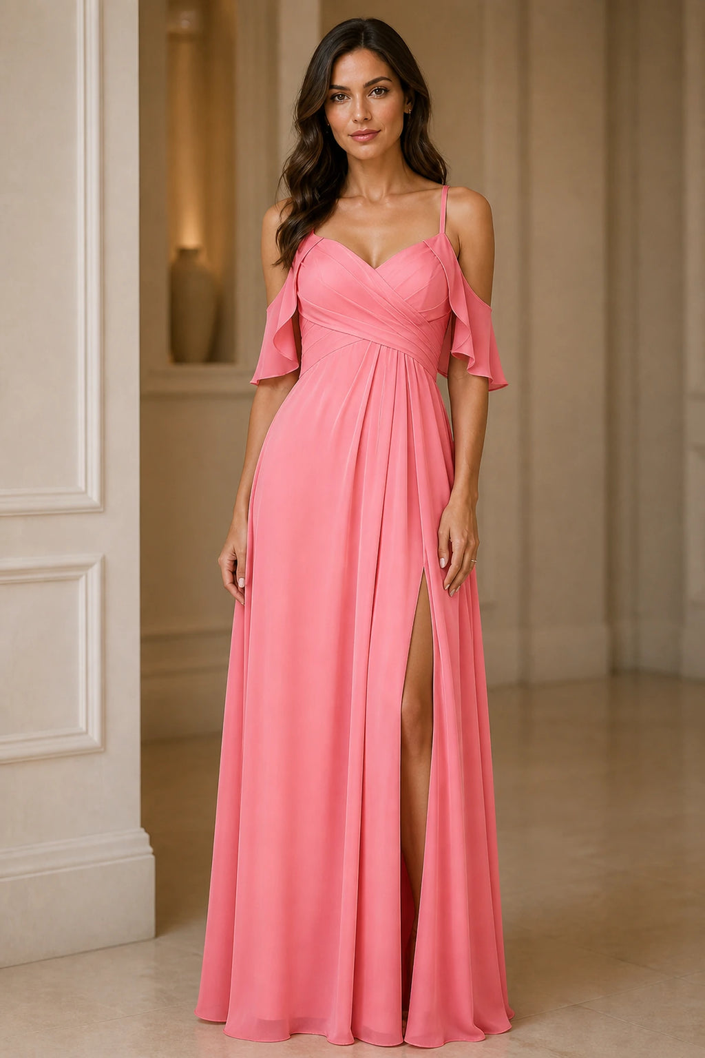 Romantic A-Line V-Neck Cold-Shoulder Flutter-Sleeve Keyhole-Back Floor-Length Bridesmaid Dress