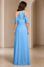 Back view of sky blue bridesmaid dress with flutter sleeves and keyhole back by GraceProm
