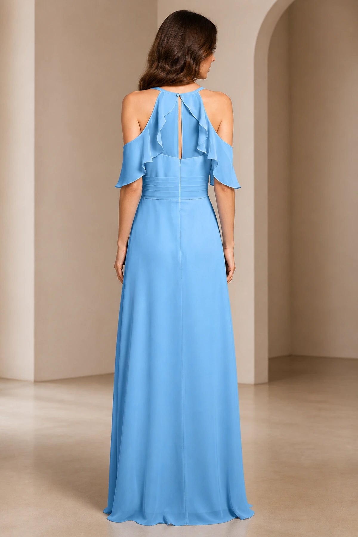 Back view of sky blue bridesmaid dress with flutter sleeves and keyhole back by GraceProm