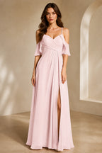Romantic A-Line V-Neck Cold-Shoulder Flutter-Sleeve Keyhole-Back Floor-Length Bridesmaid Dress
