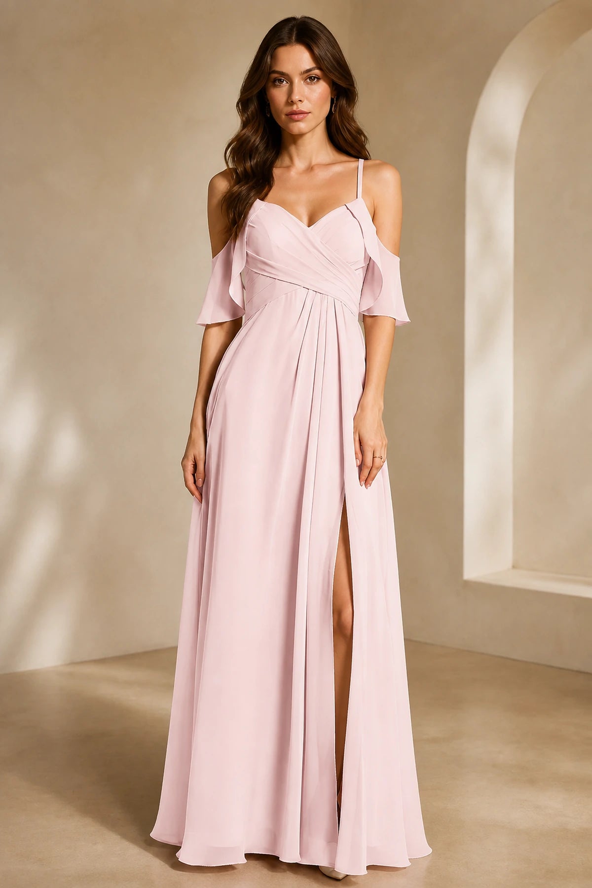 Romantic A-Line V-Neck Cold-Shoulder Flutter-Sleeve Keyhole-Back Floor-Length Bridesmaid Dress