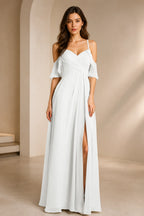 Romantic A-Line V-Neck Cold-Shoulder Flutter-Sleeve Keyhole-Back Floor-Length Bridesmaid Dress