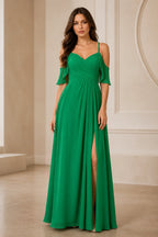 Romantic A-Line V-Neck Cold-Shoulder Flutter-Sleeve Keyhole-Back Floor-Length Bridesmaid Dress
