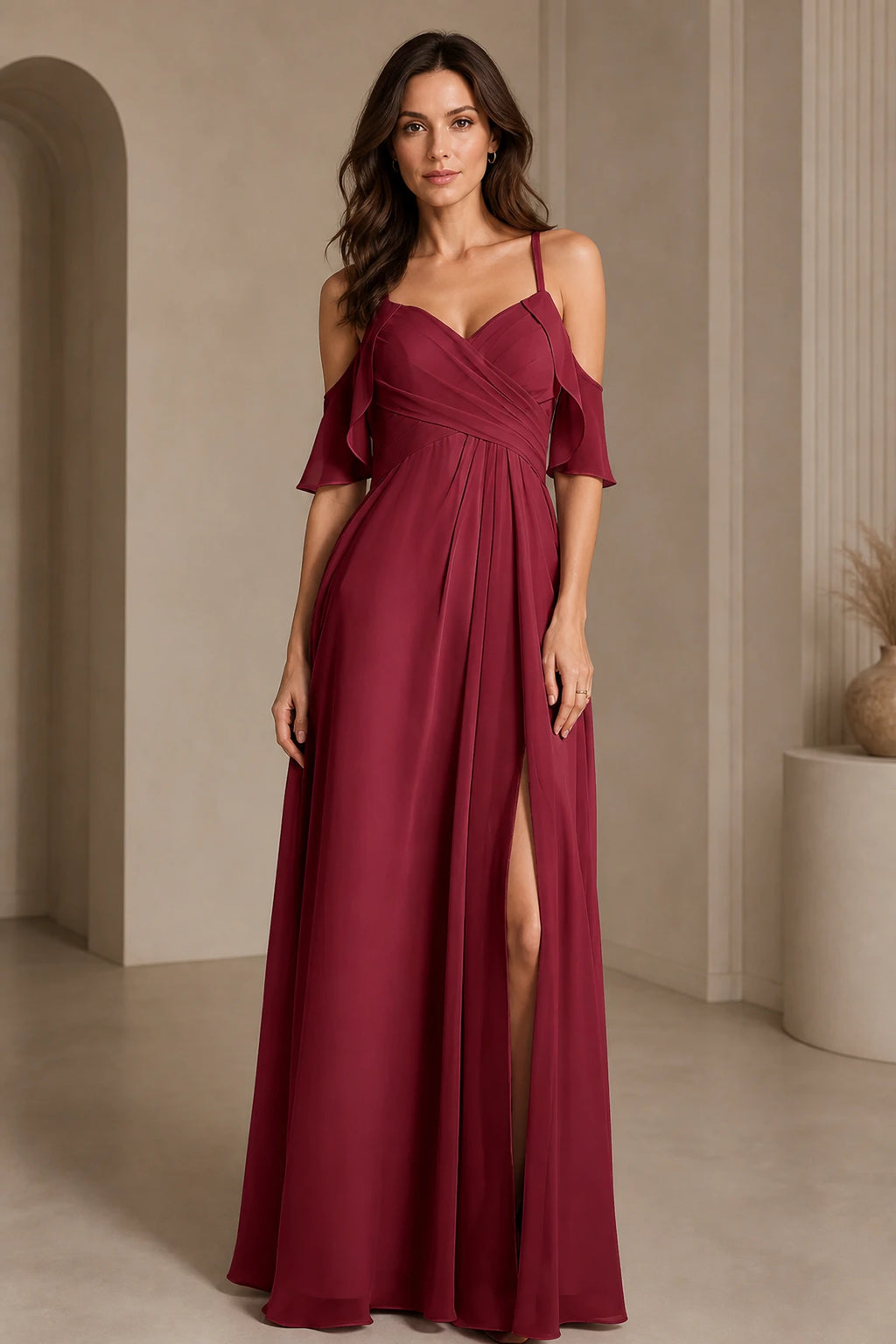 Romantic A-Line V-Neck Cold-Shoulder Flutter-Sleeve Keyhole-Back Floor-Length Bridesmaid Dress