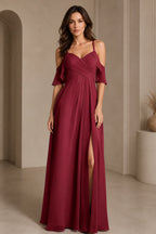 Romantic A-Line V-Neck Cold-Shoulder Flutter-Sleeve Keyhole-Back Floor-Length Bridesmaid Dress