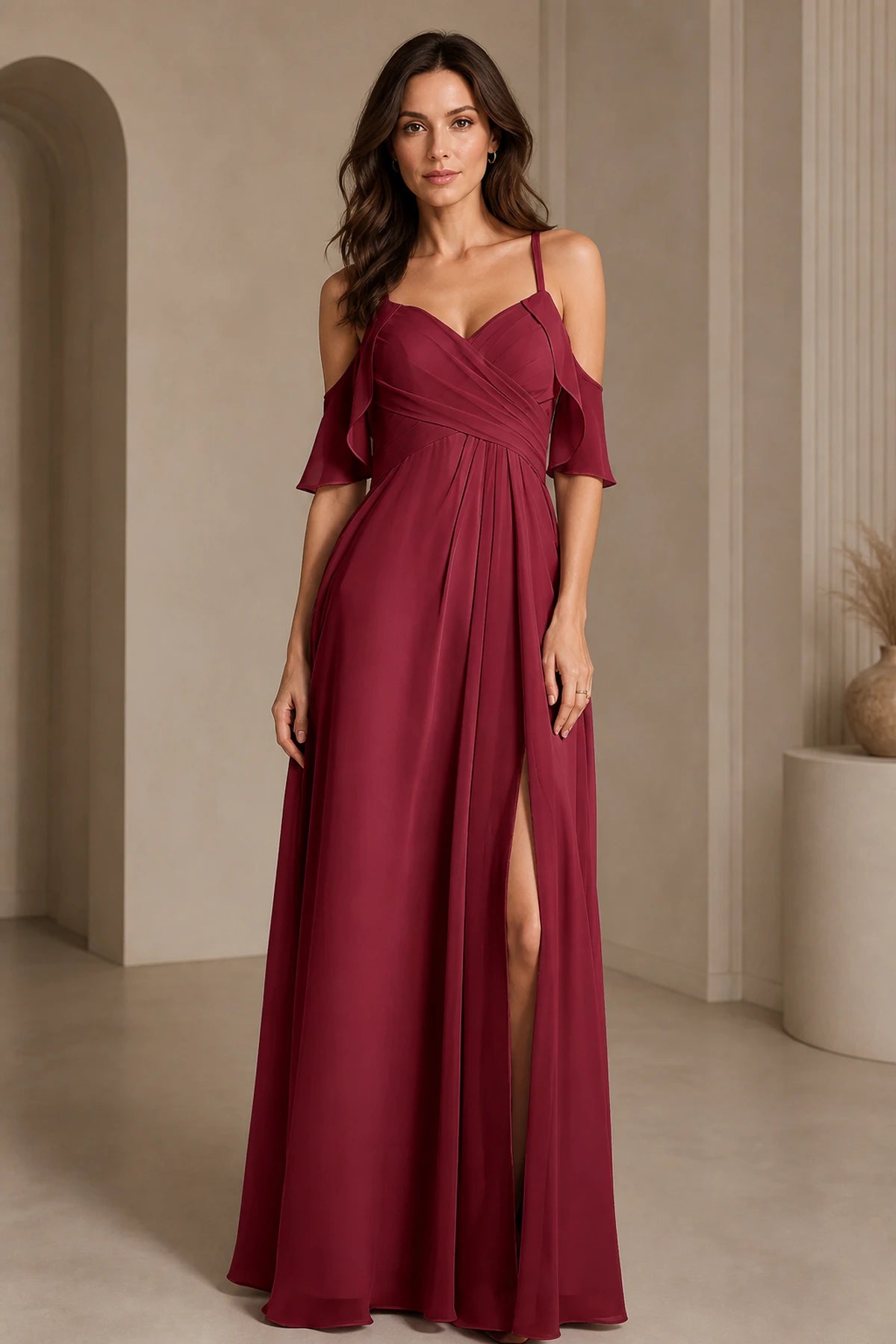 Romantic A-Line V-Neck Cold-Shoulder Flutter-Sleeve Keyhole-Back Floor-Length Bridesmaid Dress