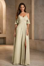 Romantic A-Line V-Neck Cold-Shoulder Flutter-Sleeve Keyhole-Back Floor-Length Bridesmaid Dress