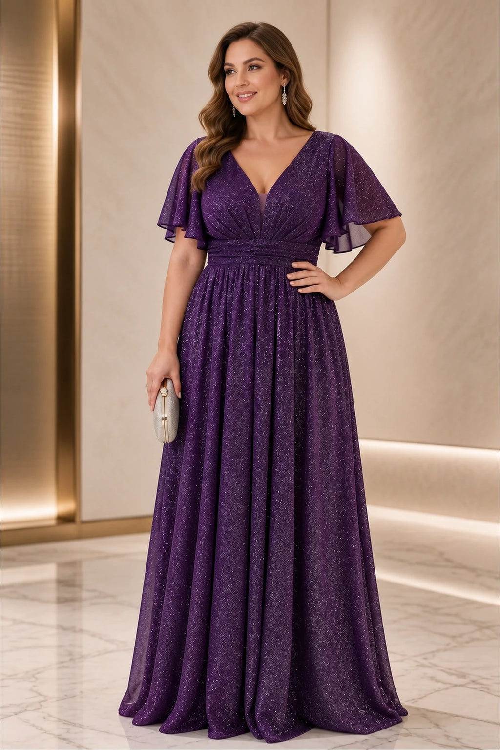 Graceprom plus size sparkly purple mother of the bride dress, v neck flutter sleeve long a line formal gown front view