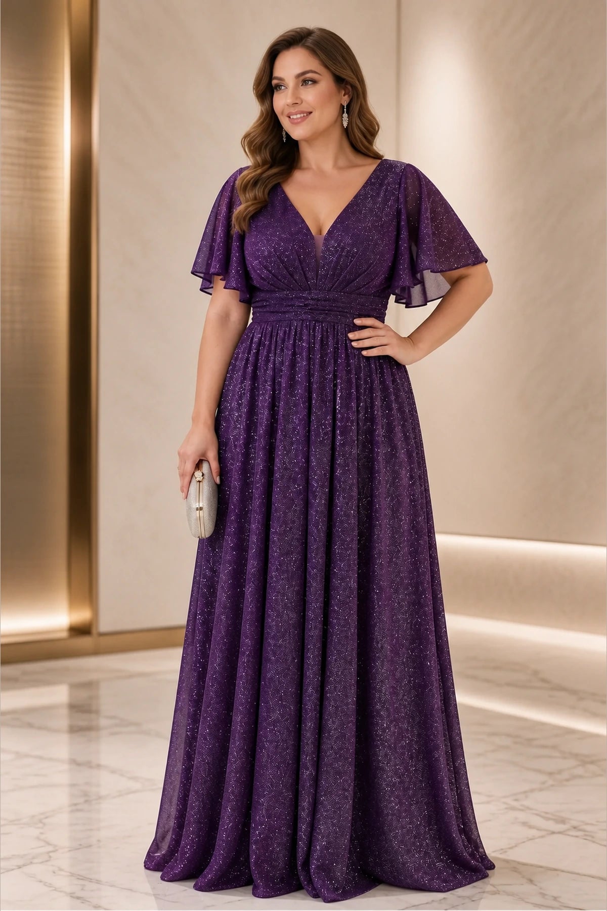 Graceprom plus size sparkly purple mother of the bride dress, v neck flutter sleeve long a line formal gown front view
