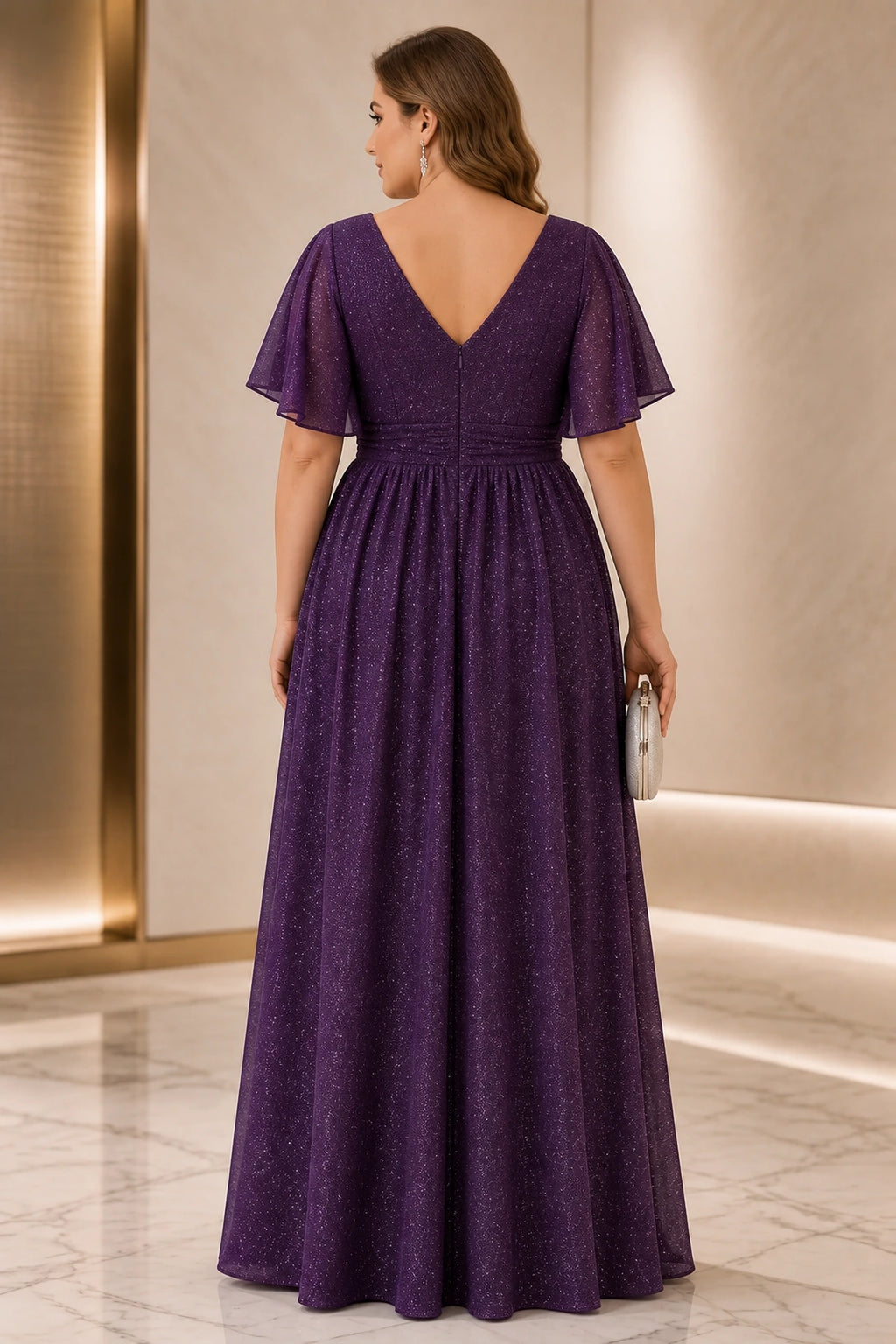 Graceprom purple glitter mother of bride dress, deep v back flutter sleeve plus size evening gown back view