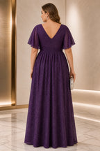 Graceprom purple glitter mother of bride dress, deep v back flutter sleeve plus size evening gown back view