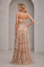 Back view Graceprom multi-color floral embroidered formal dress with strapless open back and zipper closure