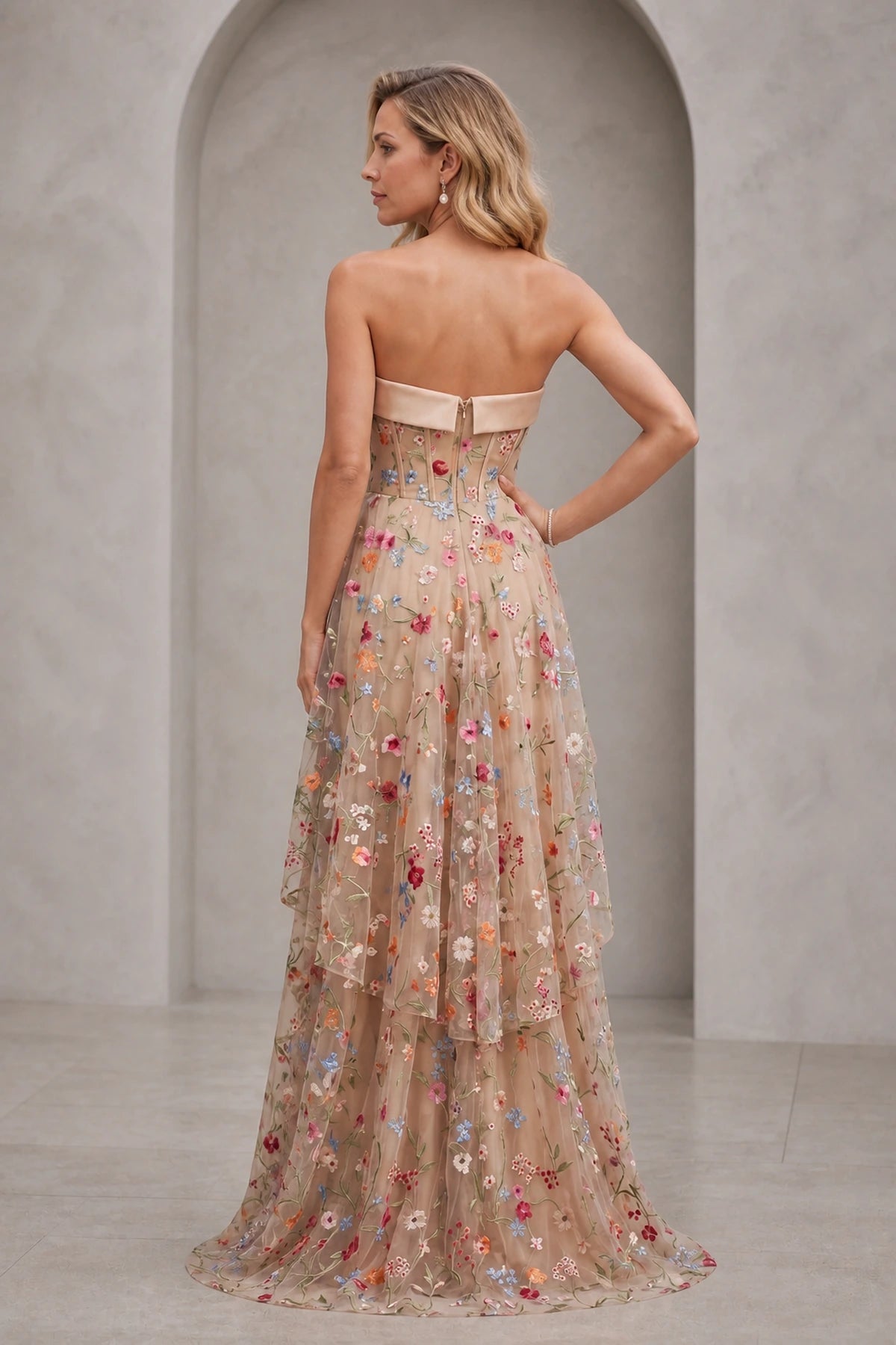 Back view Graceprom multi-color floral embroidered formal dress with strapless open back and zipper closure