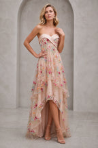 Floral Embroidery A-Line Strapless Zipper-Back High Slit Long Prom Dress