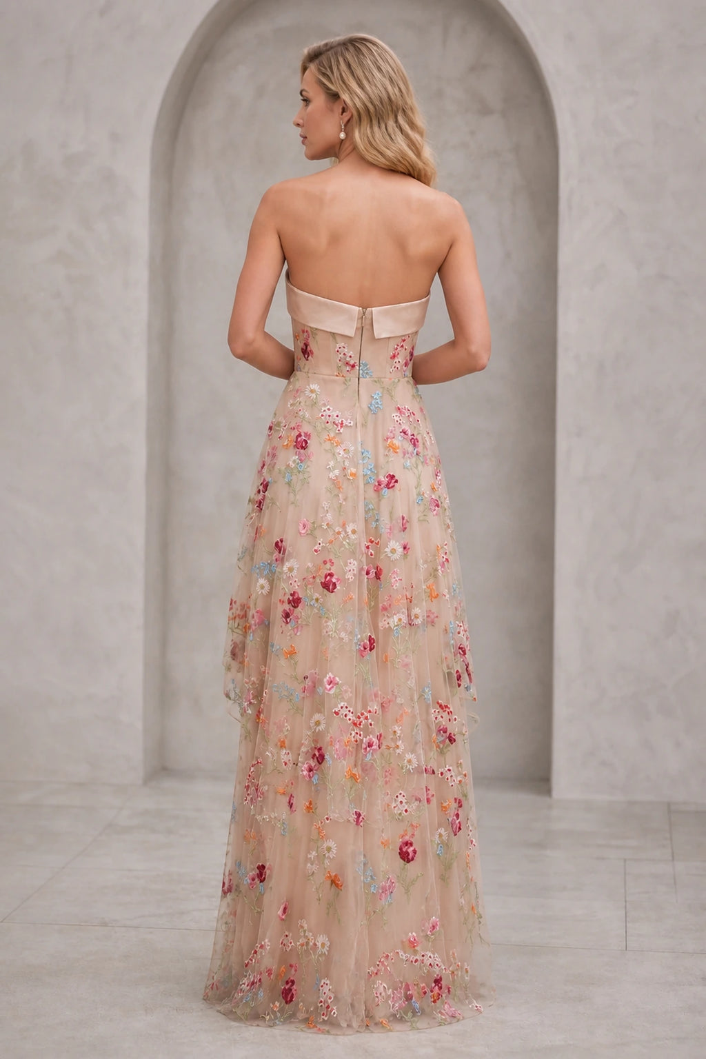 Floral Embroidery A-Line Strapless Zipper-Back High Slit Long Prom Dress