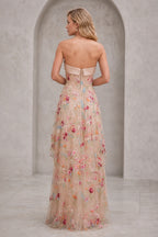 Floral Embroidery A-Line Strapless Zipper-Back High Slit Long Prom Dress