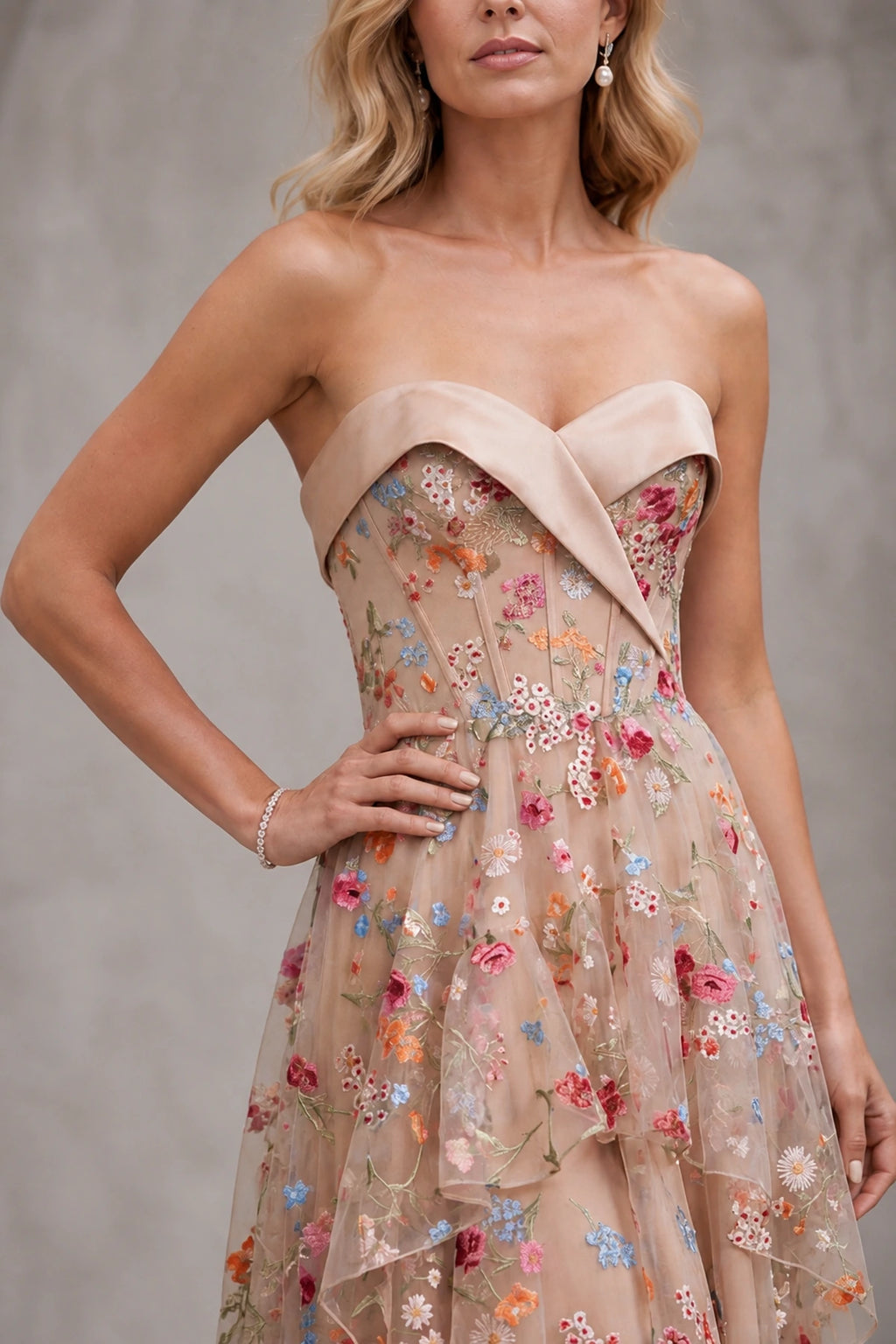Floral Embroidery A-Line Strapless Zipper-Back High Slit Long Prom Dress