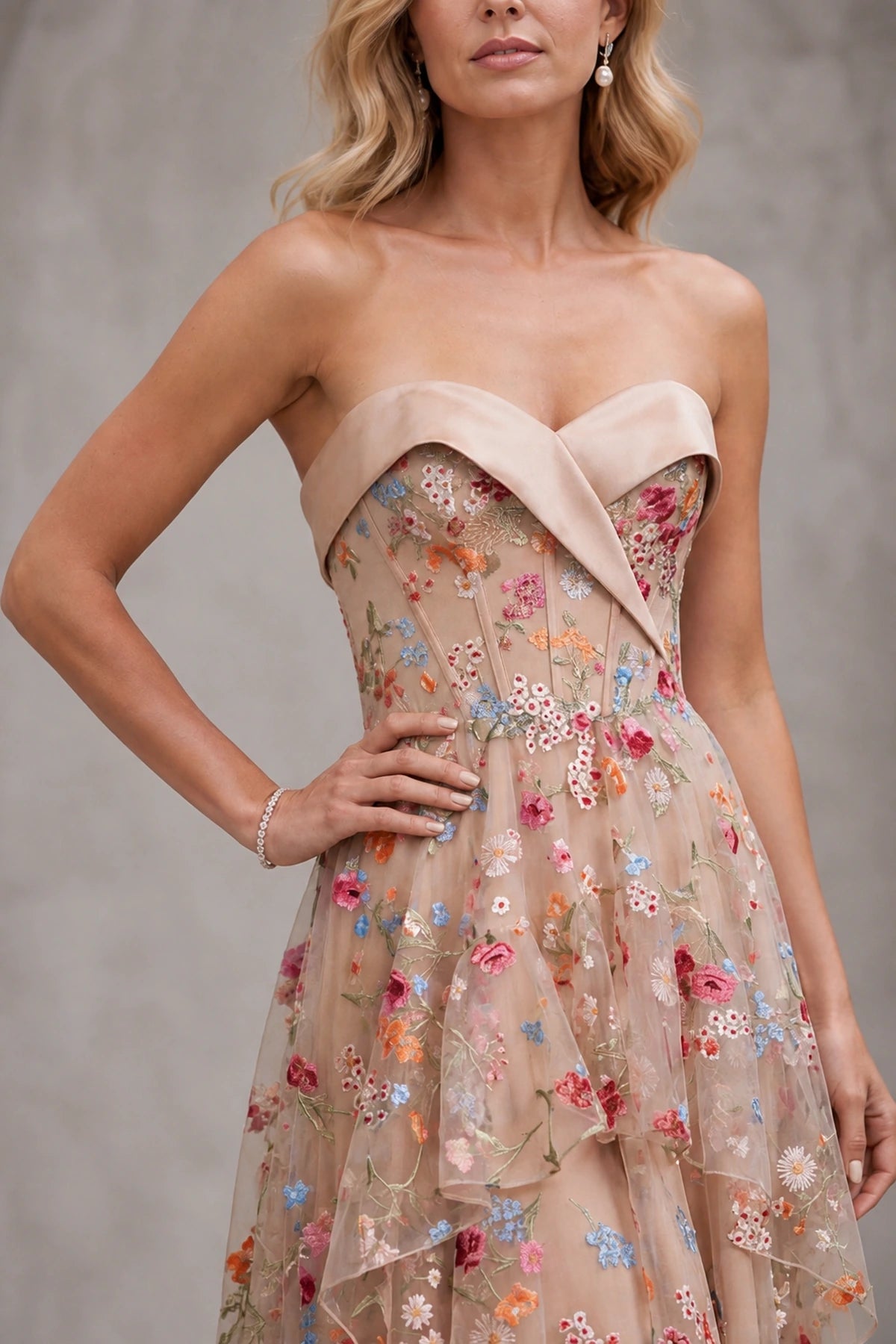 Floral Embroidery A-Line Strapless Zipper-Back High Slit Long Prom Dress