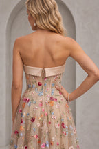 Floral Embroidery A-Line Strapless Zipper-Back High Slit Long Prom Dress