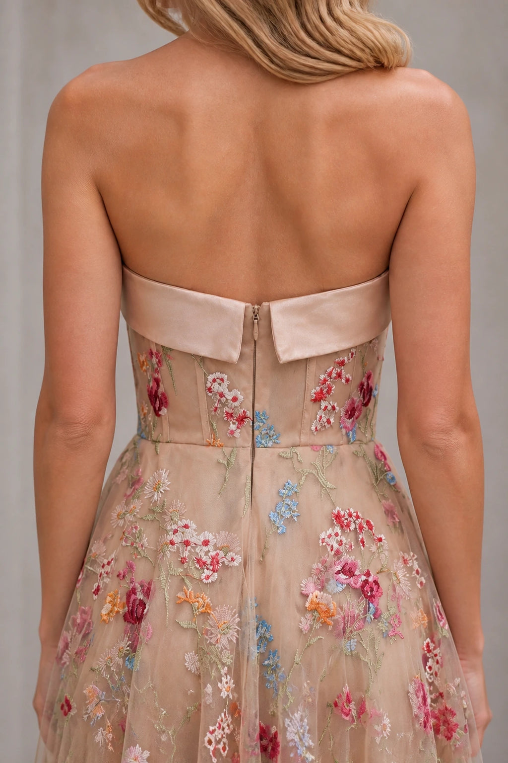 Floral Embroidery A-Line Strapless Zipper-Back High Slit Long Prom Dress