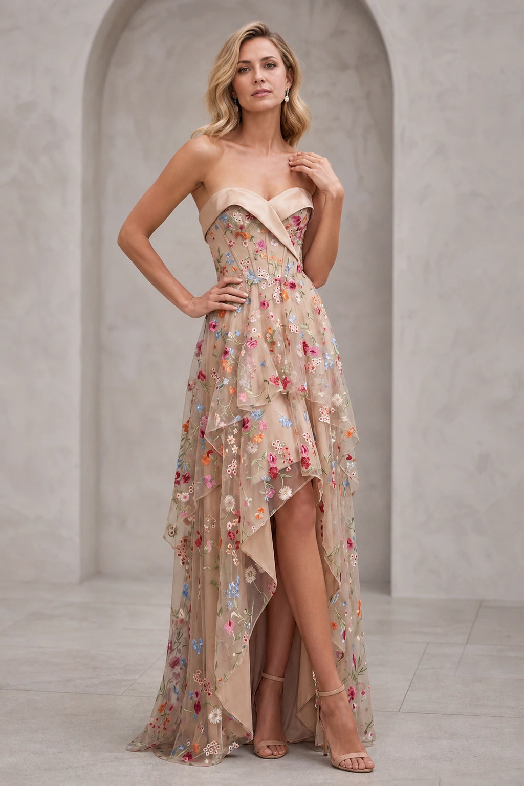 Graceprom strapless floral embroidery a-line prom gown with layered tulle skirt and front high slit