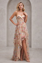 Graceprom strapless floral embroidery a-line prom gown with layered tulle skirt and front high slit