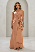Graceprom taupe satin plus size wedding guest dress, v neck cap sleeve mermaid gown with side bow front view