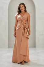 Graceprom taupe satin plus size wedding guest dress, v neck cap sleeve mermaid gown with side bow front view