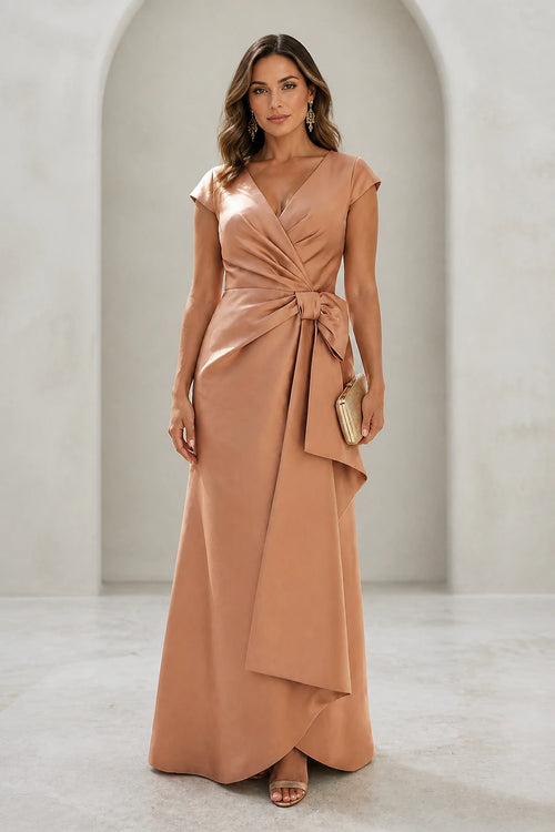 Graceprom taupe satin plus size wedding guest dress, v neck cap sleeve mermaid gown with side bow front view