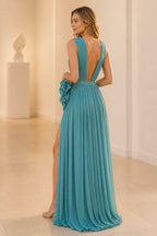 Back view Graceprom teal pleated formal dress with deep v open back and zipper closure