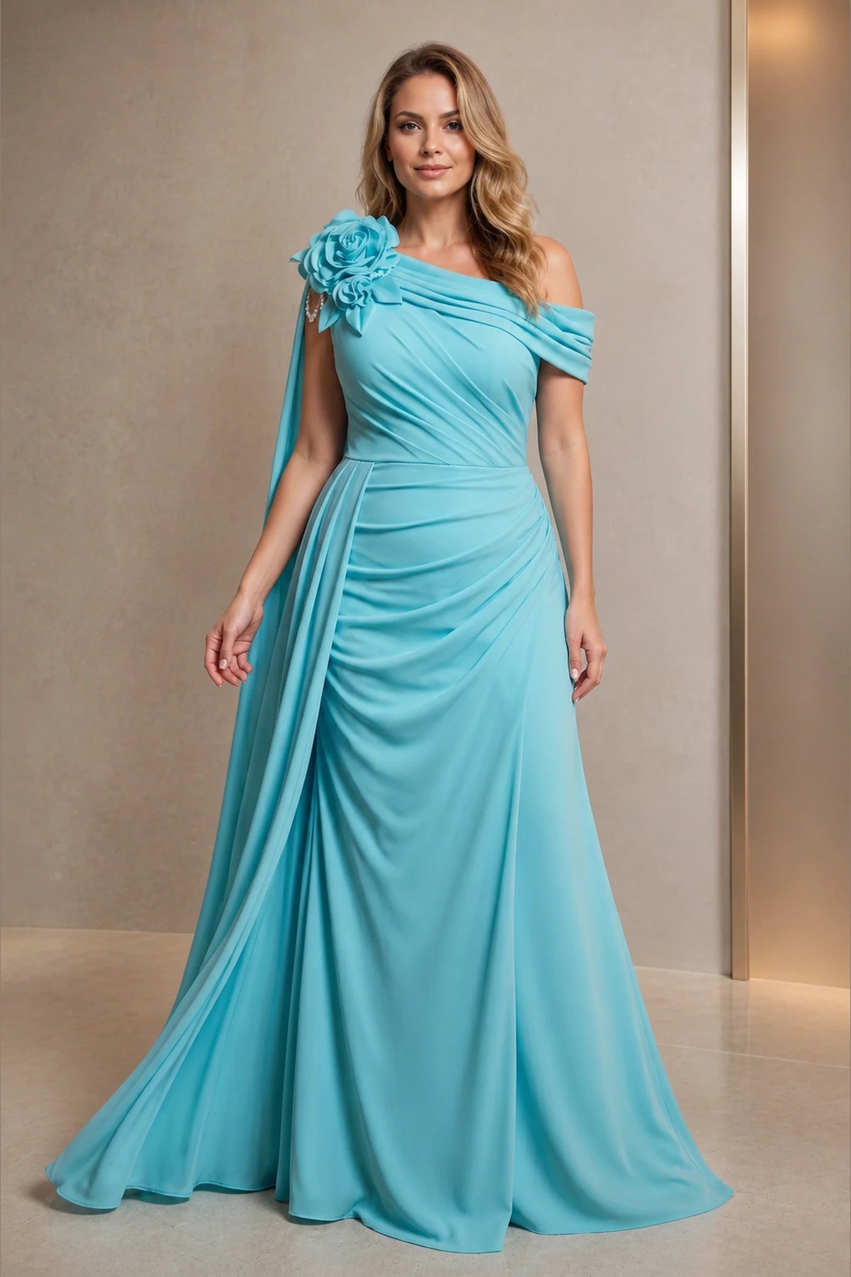 alt：Graceprom turquoise off shoulder mother of the bride dress, A-line long gown with 3D flower cape, plus size formal dress front view