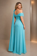 Graceprom turquoise open back mother of the bride dress, off shoulder evening gown with shoulder cape, plus size dress back view