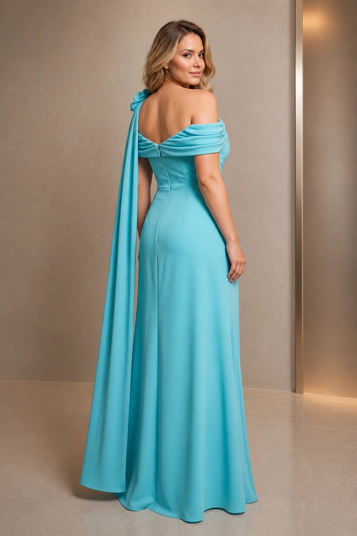 Graceprom turquoise open back mother of the bride dress, off shoulder evening gown with shoulder cape, plus size dress back view