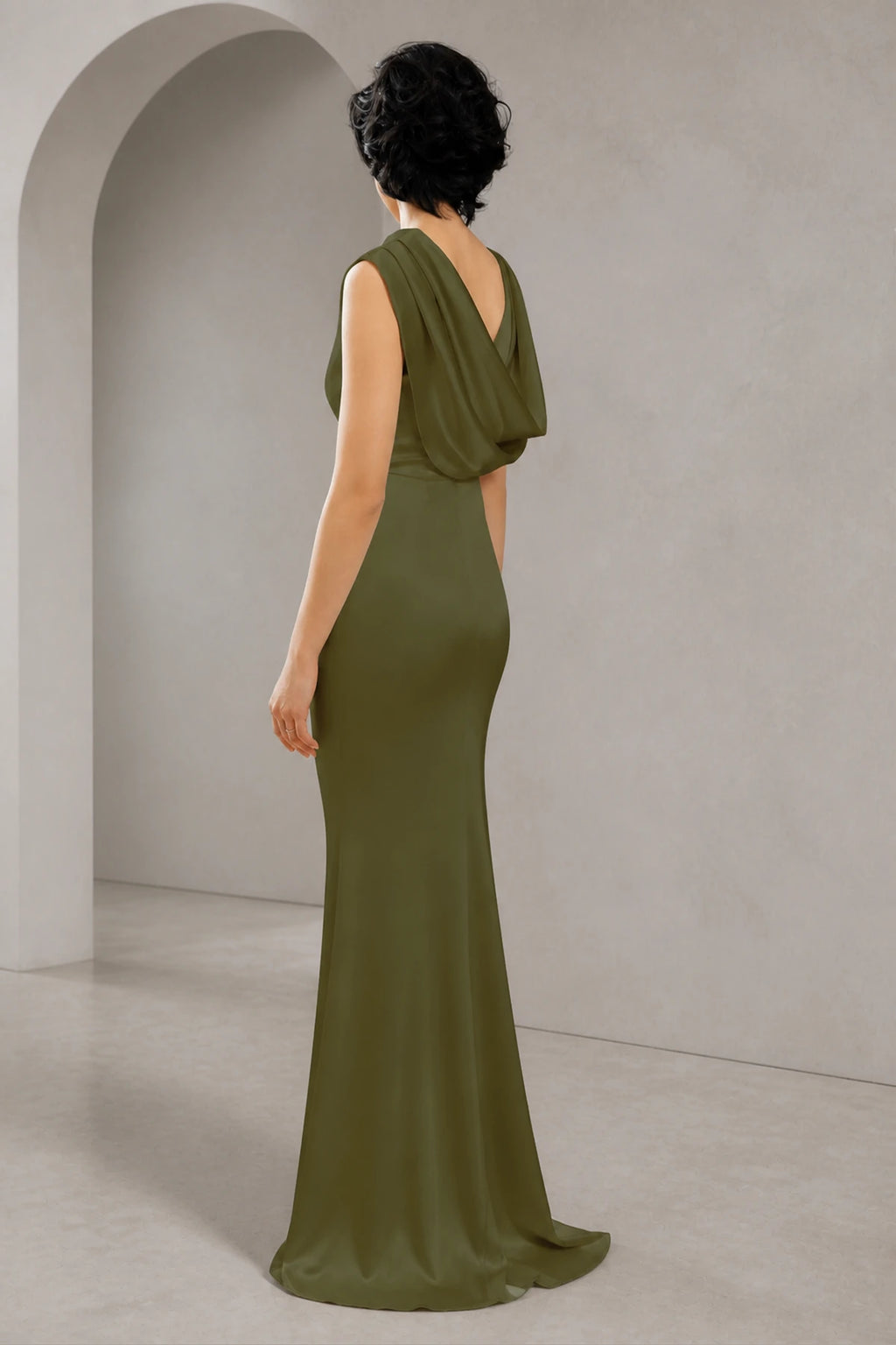 Satin Mermaid Cowl Back Sleeveless Long Wedding Guest Dress